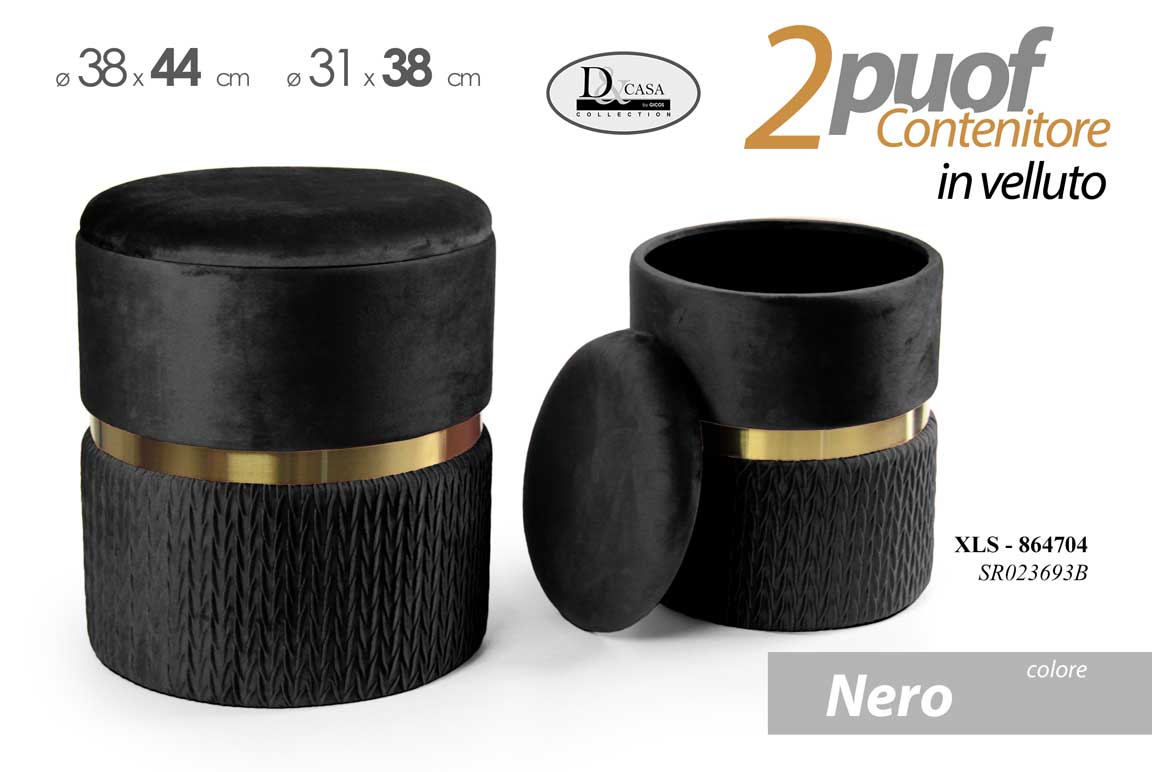 8025569864704 2 POUF CILINDRICO CONTENITORE MODERNO POGGIAPIEDI SGABELLO VELLUTO NERO ORO 4438 - immagine 1