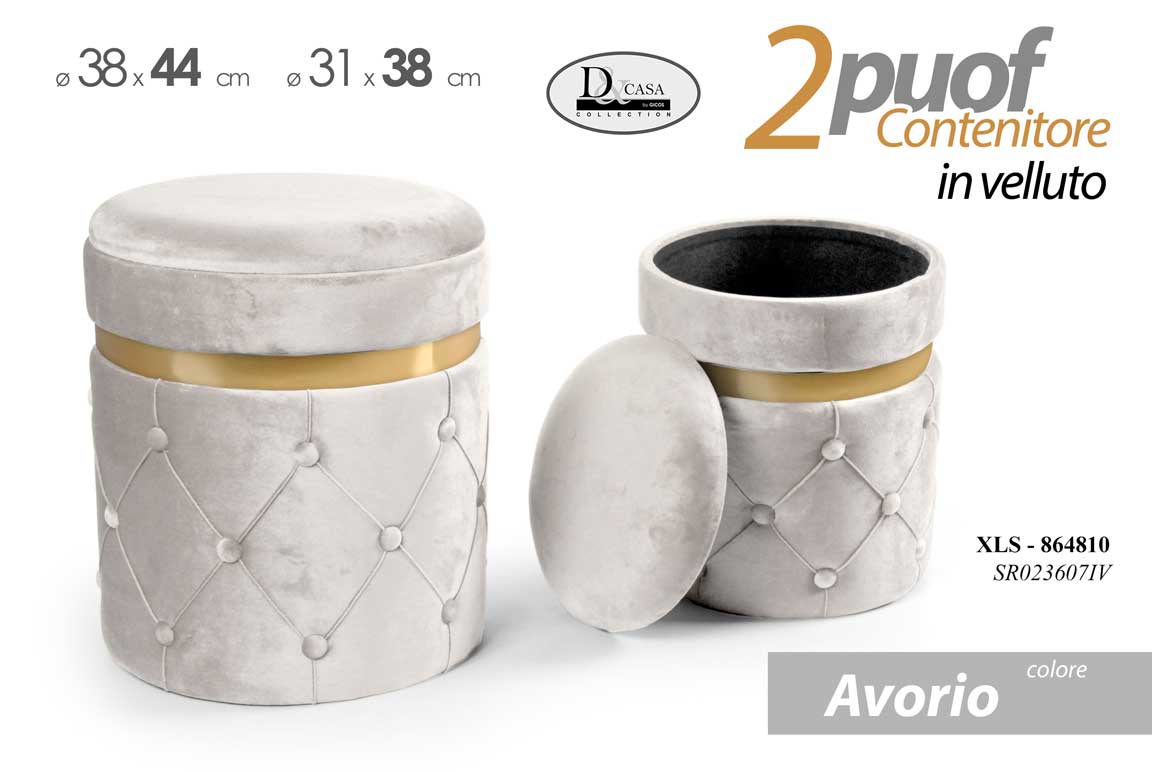 8025569864810 2 POUF CILINDRICO CONTENITORE MODERNO POGGIAPIEDI SGABELLO VELLUTO AVORIO 44-38 - immagine 1