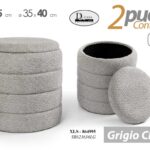 2 POUF CONTENITORE POGGIAPIEDI ELEGANTE MODERNO TONDO GRIGIO CHIAR Ø43-35 h45/40
