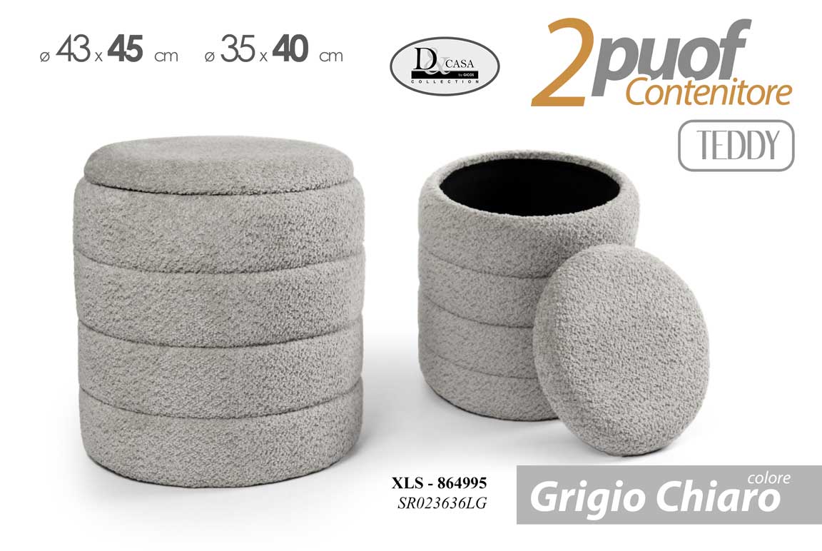 8025569864995 2 POUF CONTENITORE POGGIAPIEDI ELEGANTE MODERNO TONDO GRIGIO CHIAR Ø43-35 h45/40 - immagine 1