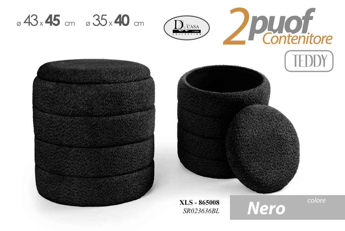 8025569865008 2 POUF CONTENITORE POGGIAPIEDI ELEGANTE MODERNO TONDO NERO Ø43-35 h45/40 CM - immagine 1