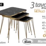 SET 3 TAVOLINI TAVOLO SALOTTO MODERNO COLOR MARMO NERO LEGNO PIEDI METALLO ORO