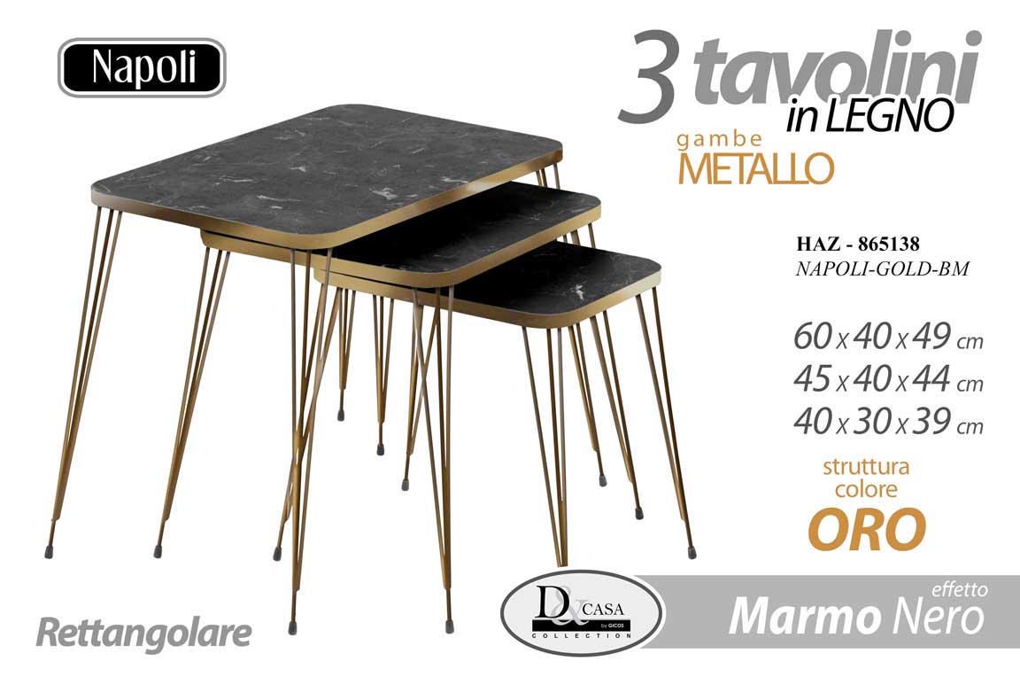 8025569865138 SET 3 TAVOLINI TAVOLO SALOTTO MODERNO COLOR MARMO NERO LEGNO PIEDI METALLO ORO - immagine 1