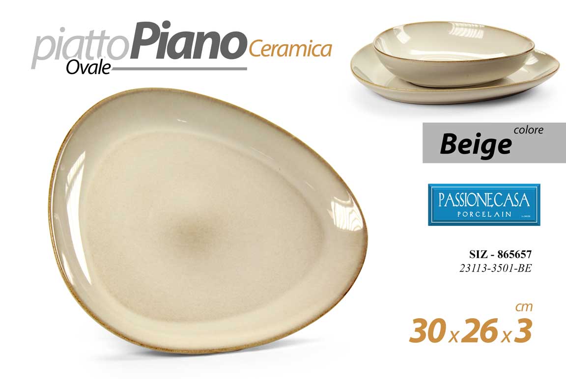 8025569865657 Piatto piano portata beige vassoio ovale ceramica moderno elegante 30x26x3 cm - immagine 1