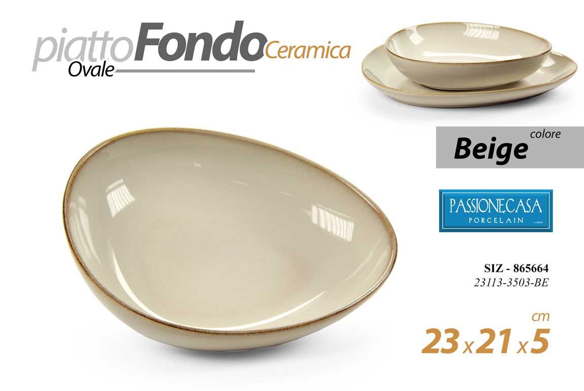 8025569865664 Piatto fondo portata ovale beige moderno elegante cucina ceramica 23*21*5 cm - immagine 1