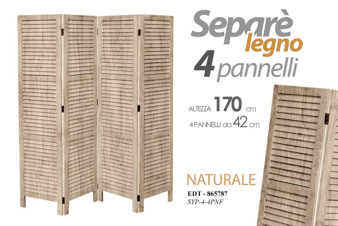 8025569865787 SEPARè PARAVENTO DIVISORIO 4 PANNELLI SEPARATORE LEGNO COLOR NATURALE 170*160CM - immagine 1