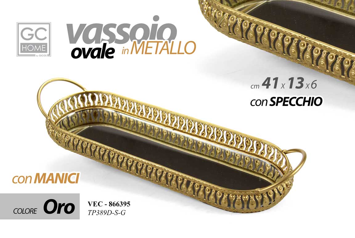 8025569866395 VASSOIO METALLO OVALE DA SCRIVANIA MANICI DECOR FONDO SPECCHIO COL ORO 41*13*6 - immagine 1
