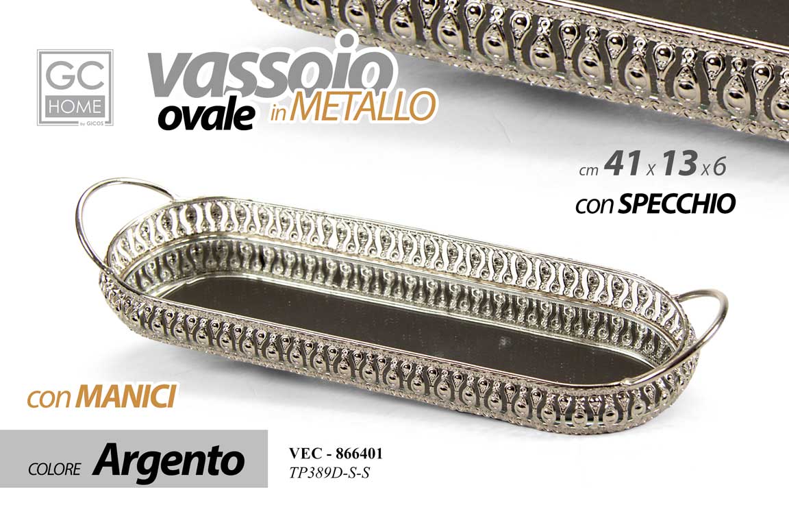8025569866401 VASSOIO OVALE METALLO MANICI FONDO SPECCHIO DECOR COLOR ARGENTO SILVER 41*13*6cm - immagine 1