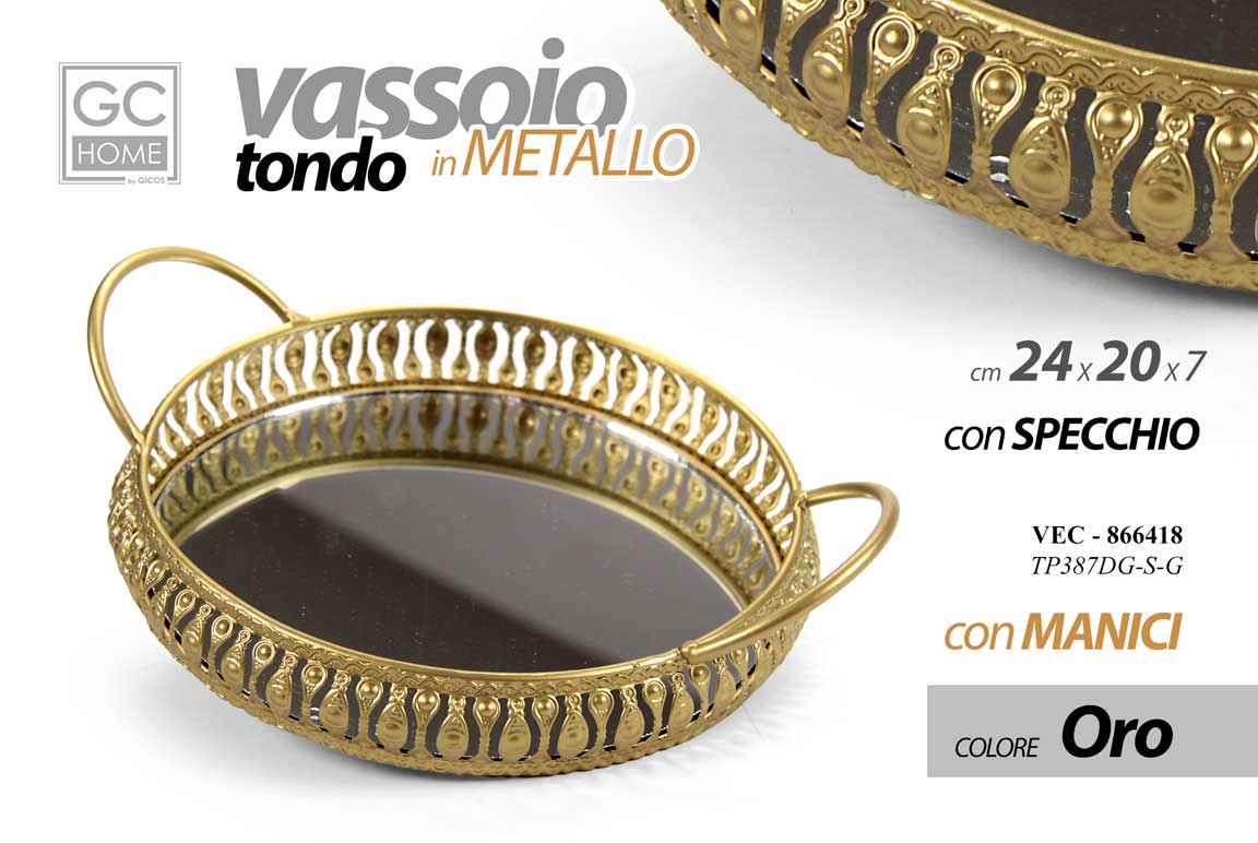8025569866418 VASSOIO METALLO TONDO DA SCRIVANIA MANICI DECOR FONDO SPECCHIO COL ORO 24*20*7 - immagine 1