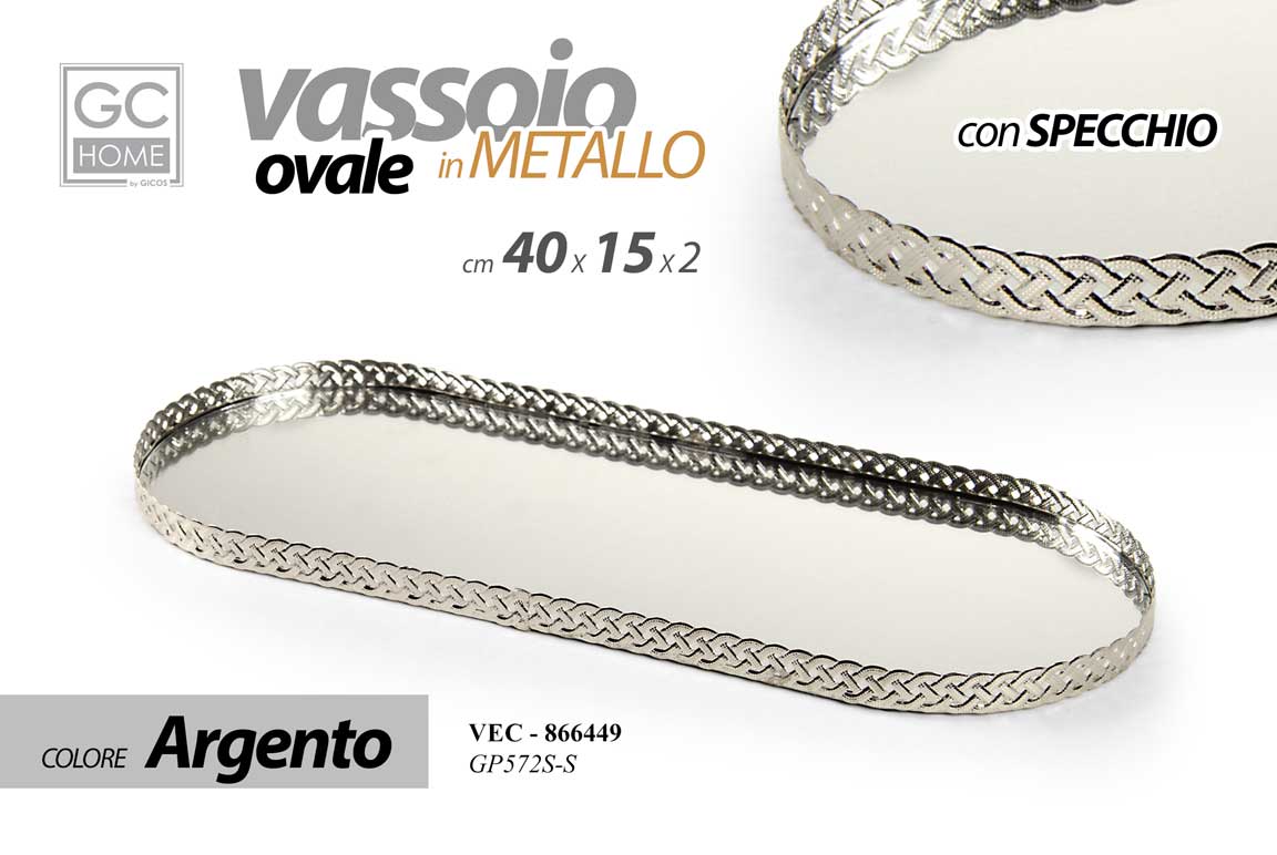 8025569866449 VASSOIO OVALE IN METALLO FONDO SPECCHIO DECOR COLOR ARGENTO SILVER 40*15*2 cm - immagine 1