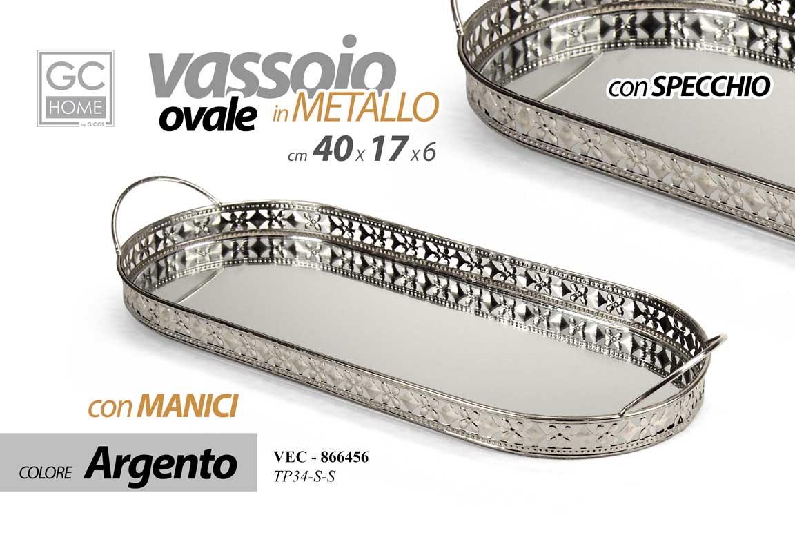 8025569866456 VASSOIO OVALE METALLO MANICI FONDO SPECCHIO DECOR COLOR ARGENTO SILVER 40*17*6cm - immagine 1