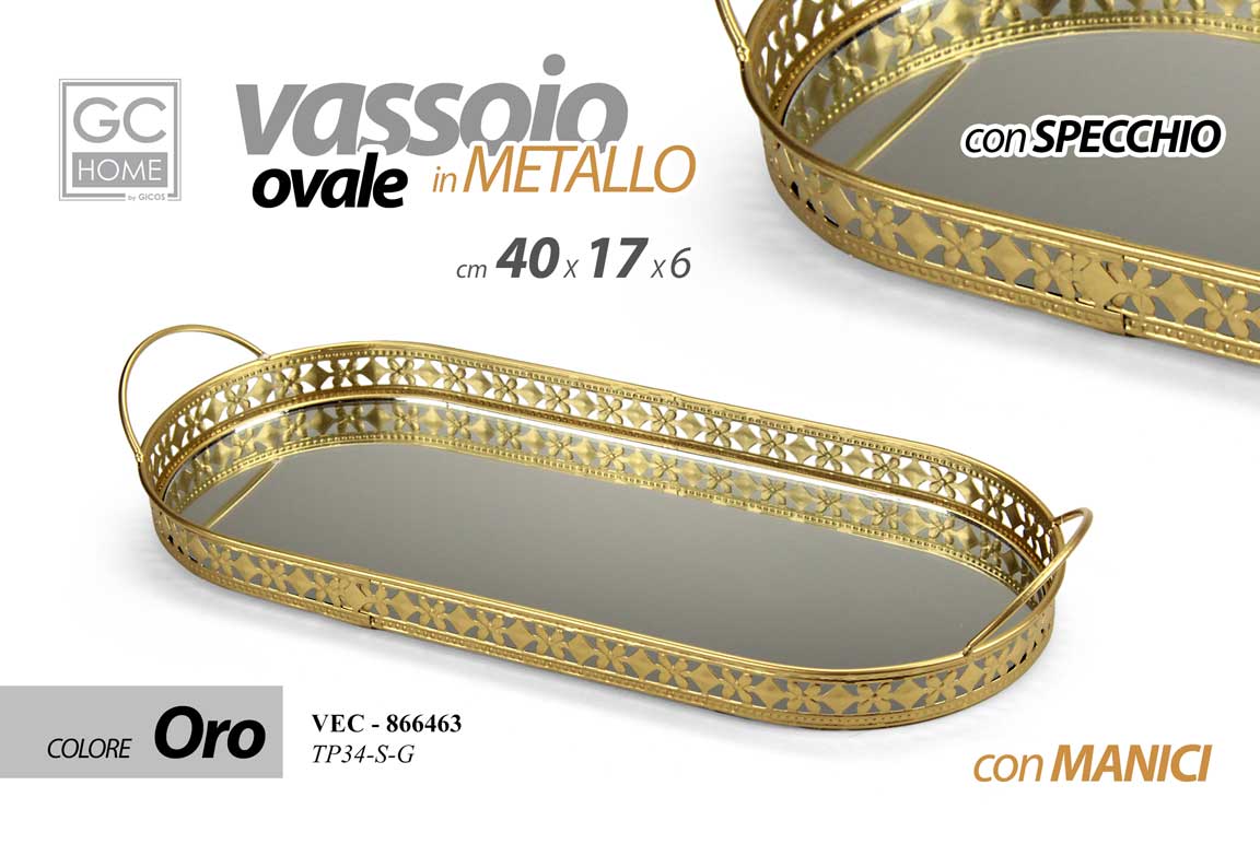 8025569866463 VASSOIO DA SCRIVANIA METALLO OVALE MANICI DECOR FONDO SPECCHIO COL ORO 40*17*6CM - immagine 1