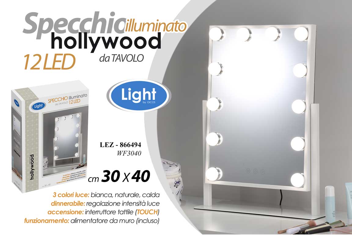 8025569866494 SPECCHIO DA TAVOLO BIANCO ILLUMINATO 12 LED DINNERABILE TOUCH BIANCO h40*30 cm - immagine 1
