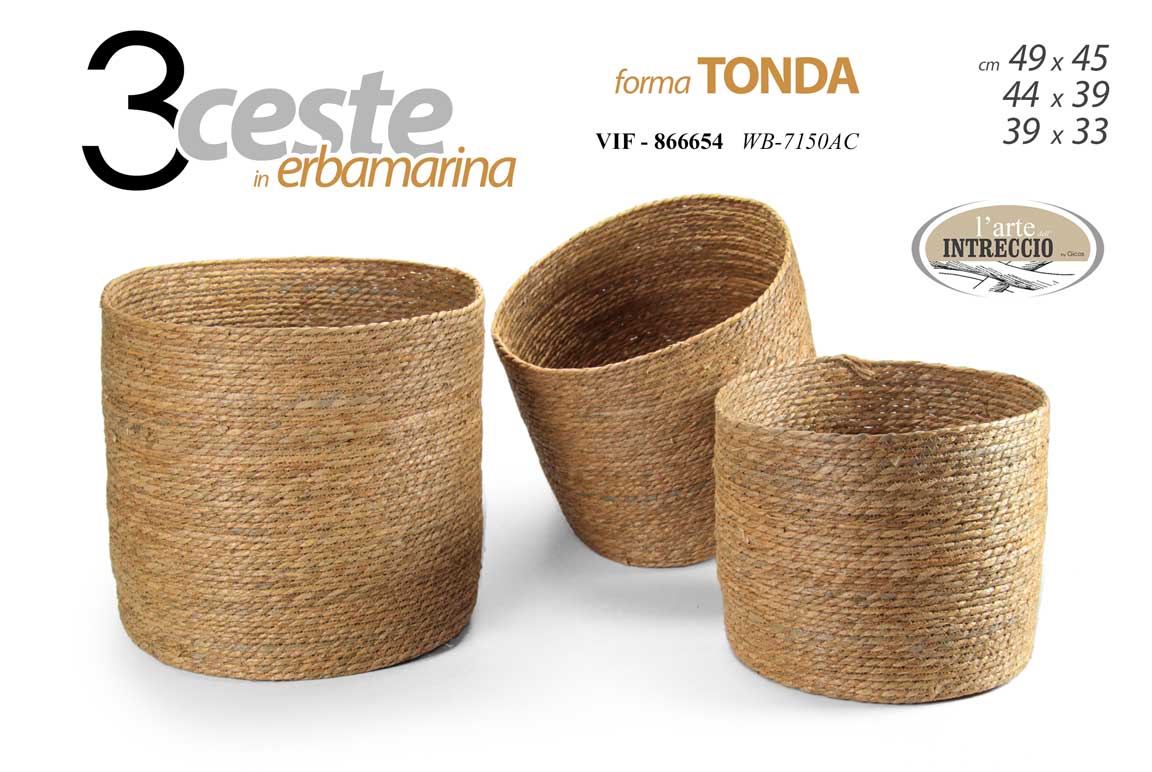 8025569866654 3 CESTE ERBA MARINA CESTA TONDA NATURALE MARRONE SALOTTO INGRESSO CUCINA CAMERA - immagine 1