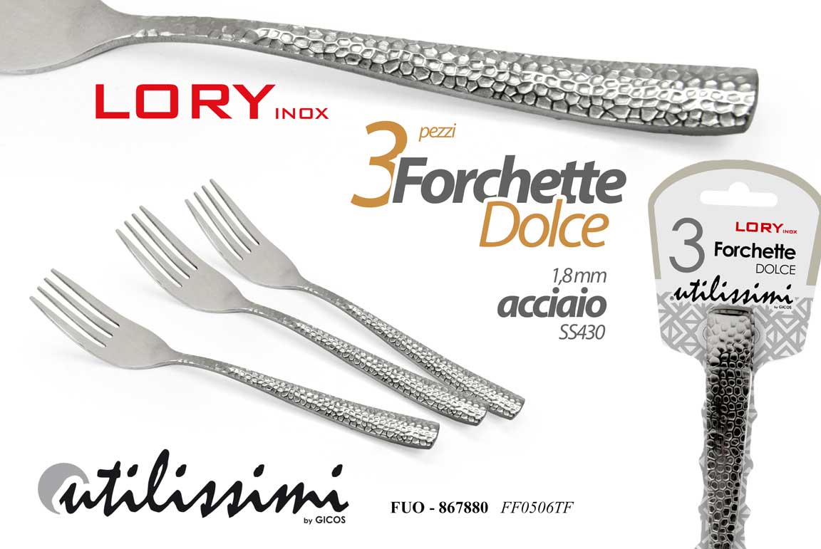 8025569867880 SET 3 FORCHETTE DOLCE POSATE CUCINA ACCIAIO INOX MARTELLATO SS430 Alt resist - immagine 1
