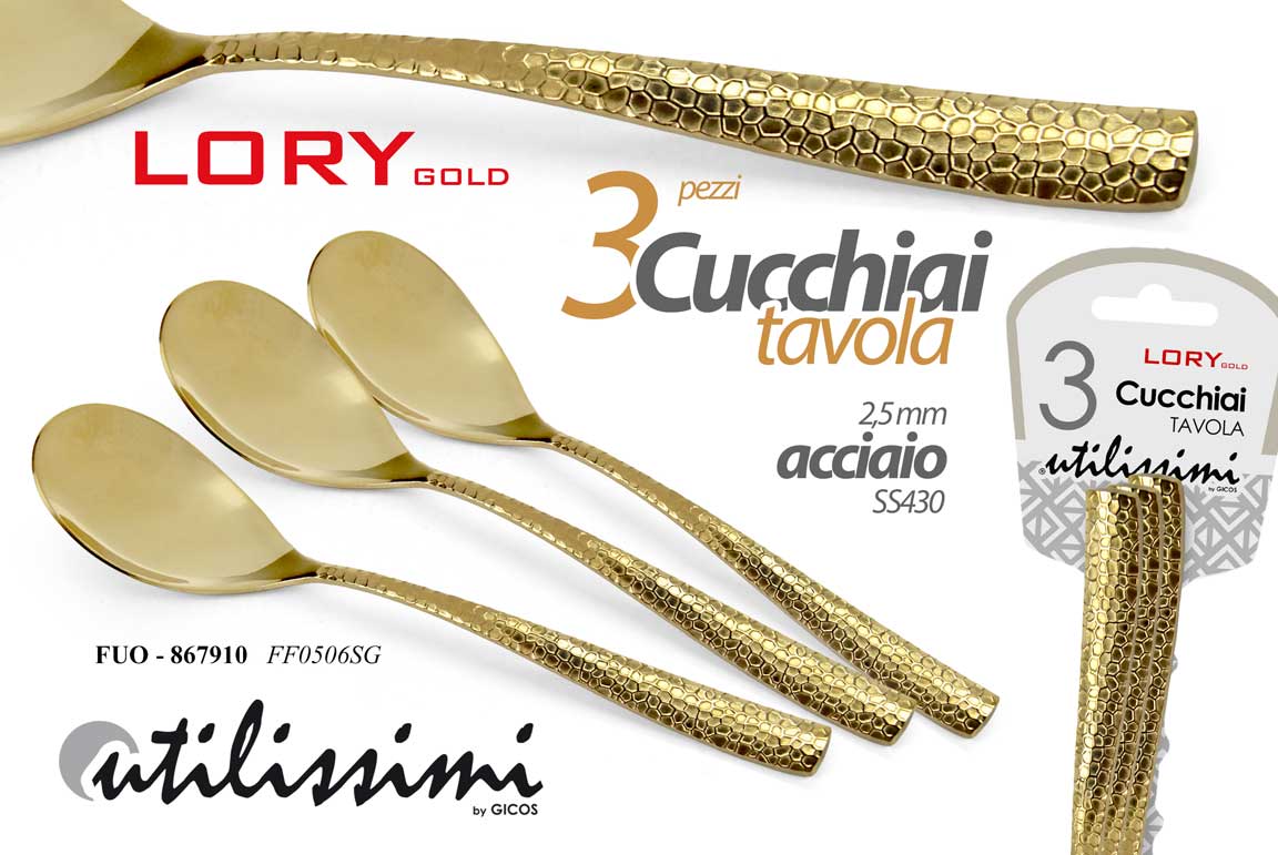 8025569867910 SET 3 CUCCHIAI TAVOLA POSATE CUCINA MARTELLATO ACCIAIO INOX ORO SS430 Alt resist - immagine 1