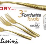 SET 3 FORCHETTE TAVOLA POSATE CUCINA MARTELLATO ACCIAIO INOX ORO SS430 Alt resis