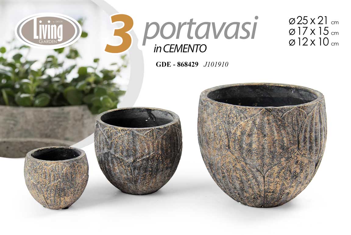 8025569868429 SET 3 PORTAVASI VASO CEMENTO DES SCAVO VINTAGE ANTICATO CASA GIARDINO Ø25-17-12 - immagine 1