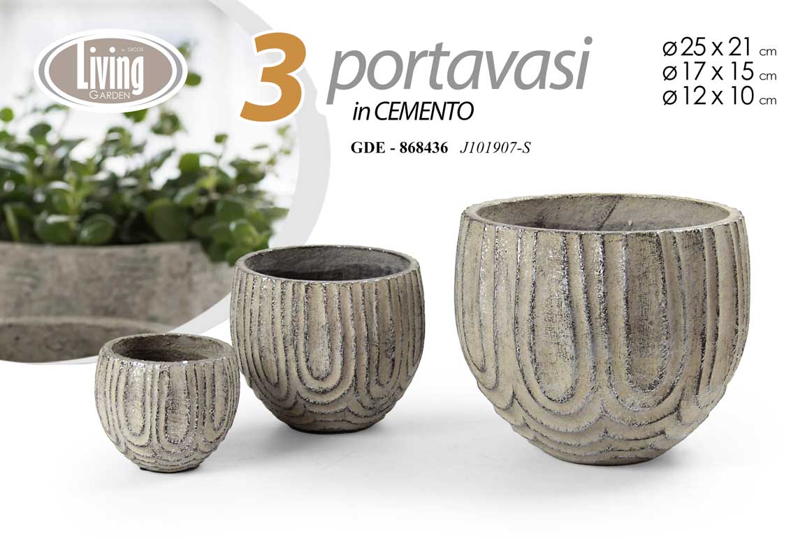8025569868436 SET 3 PORTAVASI VASO CEMENTO VINTAGE ANTICATO MODERNO CASA GIARDINO Ø25-17-12cm - immagine 1