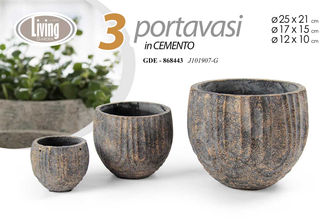 8025569868443 SET 3 PORTAVASI VASO CEMENTO VINTAGE ANTICATO MODERNO CASA GIARDINO Ø25-17-12 CM - immagine 1