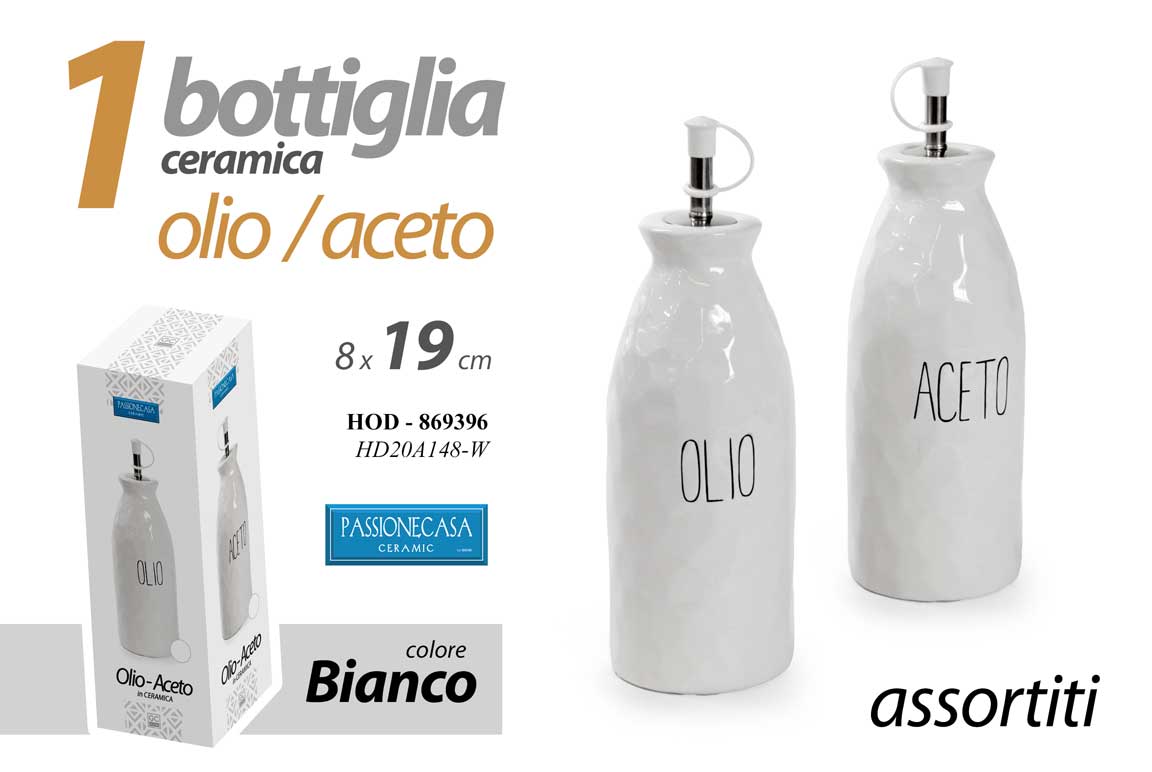 8025569869396 BOTTIGLIA OLIO O ACETO ASSORTITI CERAMICA BIANCA Oliera Acetiera Dosatore 19 cm - immagine 1