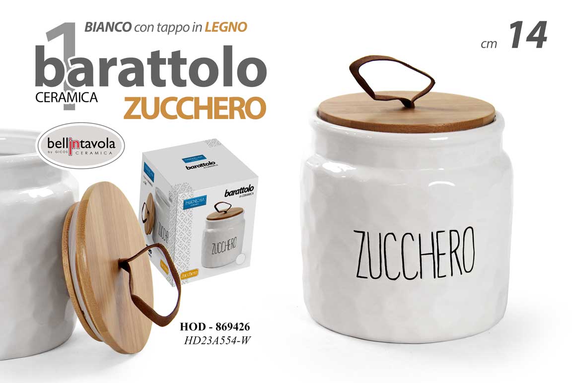 8025569869426 BARATTOLO DA CUCINA ZUCCHERO CERAMICA BIANCO ERMETICO TAPPO LEGNO 14 cm HOD - immagine 1