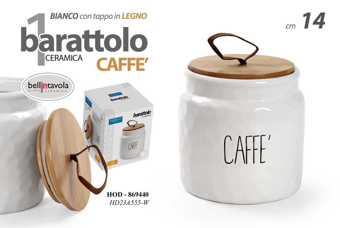 8025569869440 BARATTOLO DA CUCINA CAFFè CERAMICA BIANCO ERMETICO MODERNO TAPPO LEGNO 14 cm HOD - immagine 1