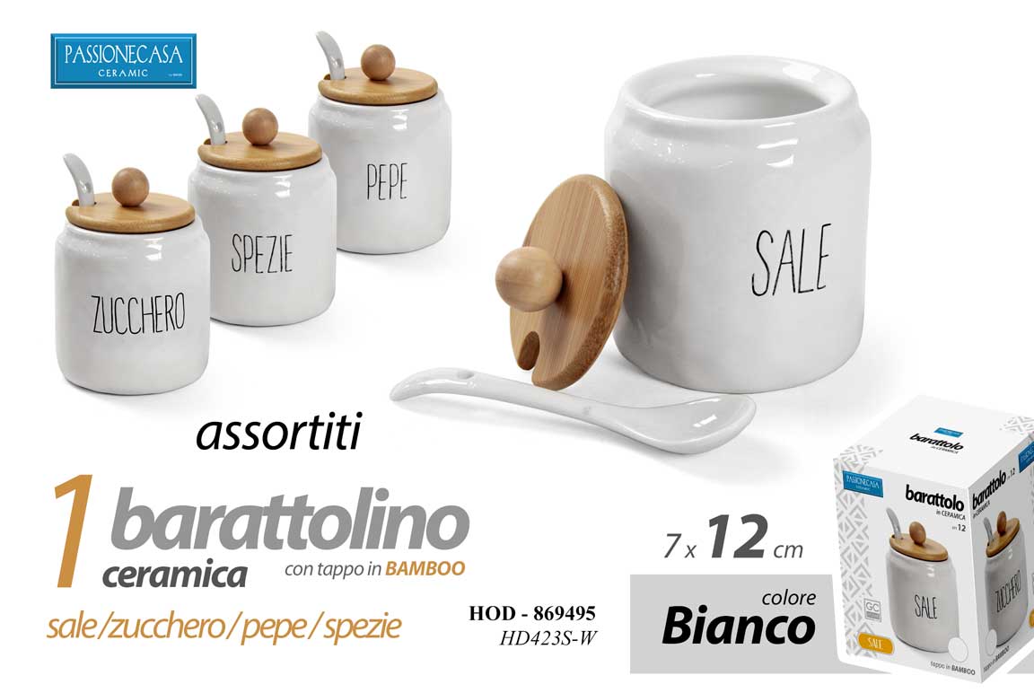 8025569869495 Barattolo sale zucchero pepe spezie ceramica bianco tappo bamboo ass 12x7 cm - immagine 1