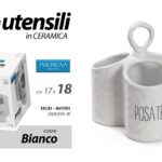 PORTA MESTOLI UTENSILI POSATE 3 POSTI DA TAVOLO CONTENITORE CERAMICA BIANCO 18cm