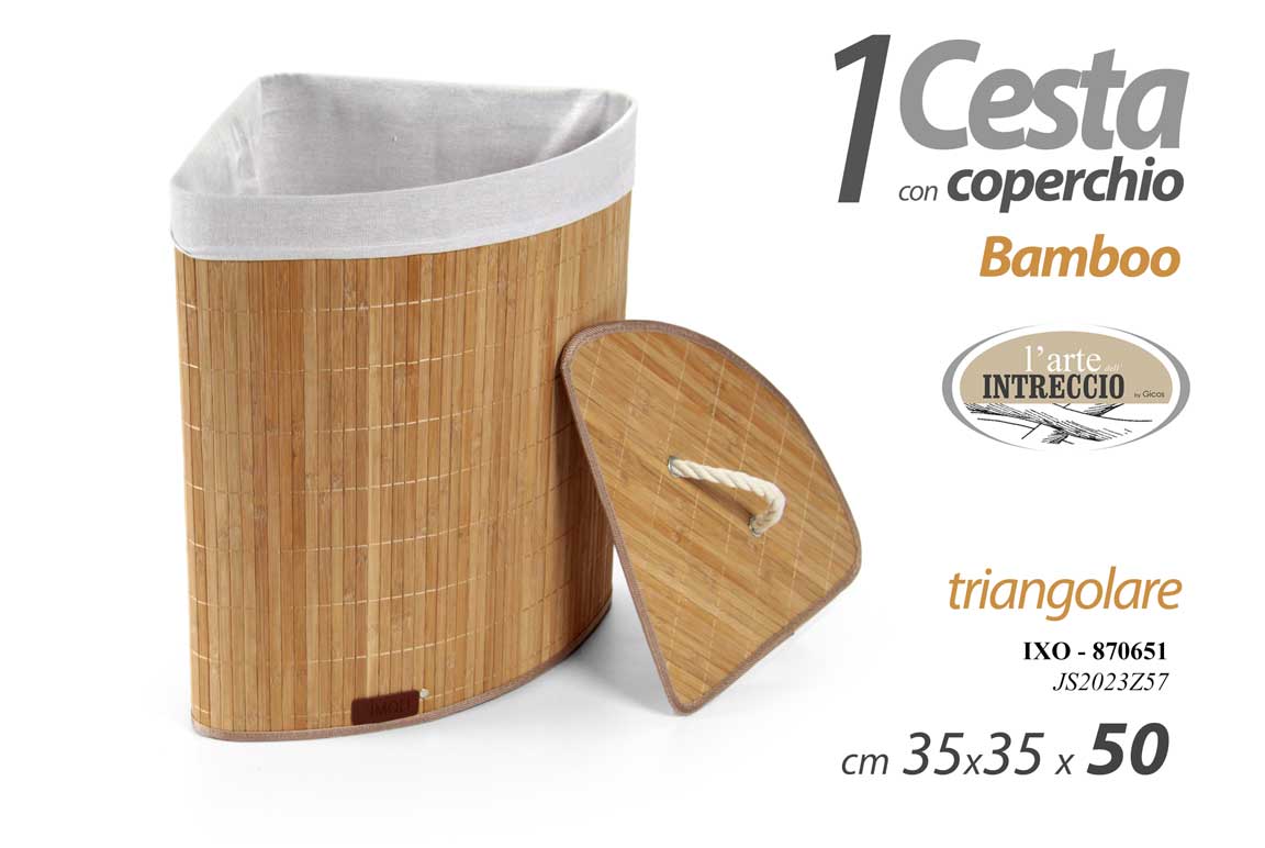 8025569870651 PORTABIANCHERIA CESTA ANGOLO ANGOLARE CON COPERCHIO TESSUTO BIANCO MARRONE 50 cm - immagine 1