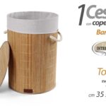 PORTABIANCHERIA CESTA COPERCHIO ROTONDA BAMBOO TESSUTO BIANCO MARRONE 59 cm