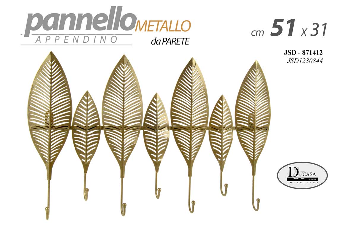 8025569871412 PANNELLO APPENDIABITI DA PARETE APPENDINO ABITI FOGLIA 7 GANCI METALLO ORO 51*31 - immagine 1
