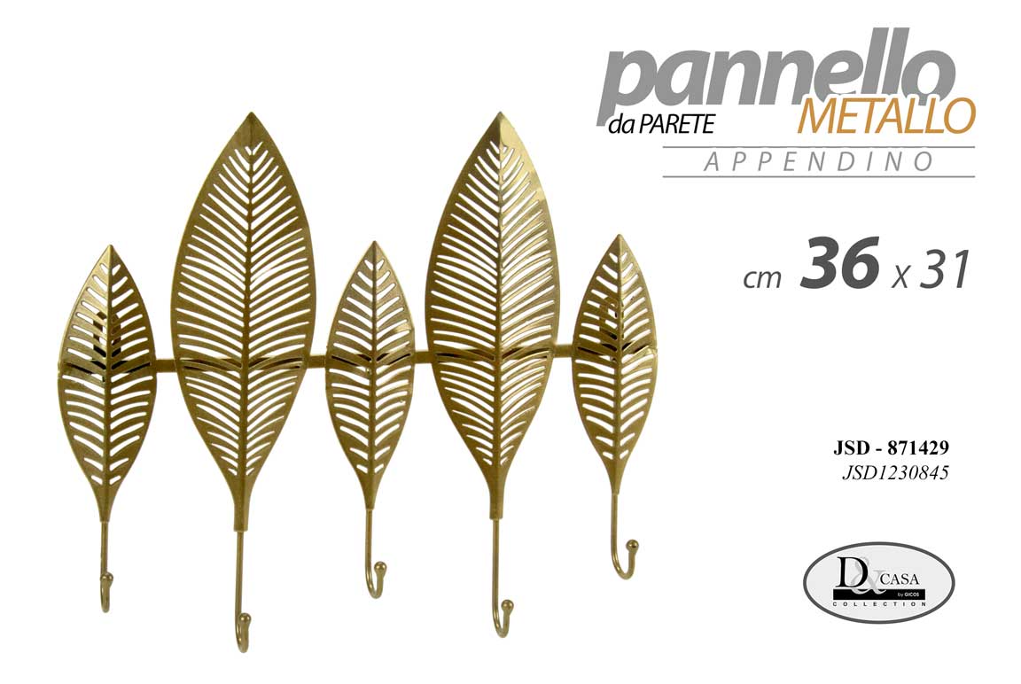 8025569871429 PANNELLO APPENDIABITI DA PARETE APPENDINO ABITI FOGLIA 5 GANCI METALLO ORO 36*31 - immagine 1