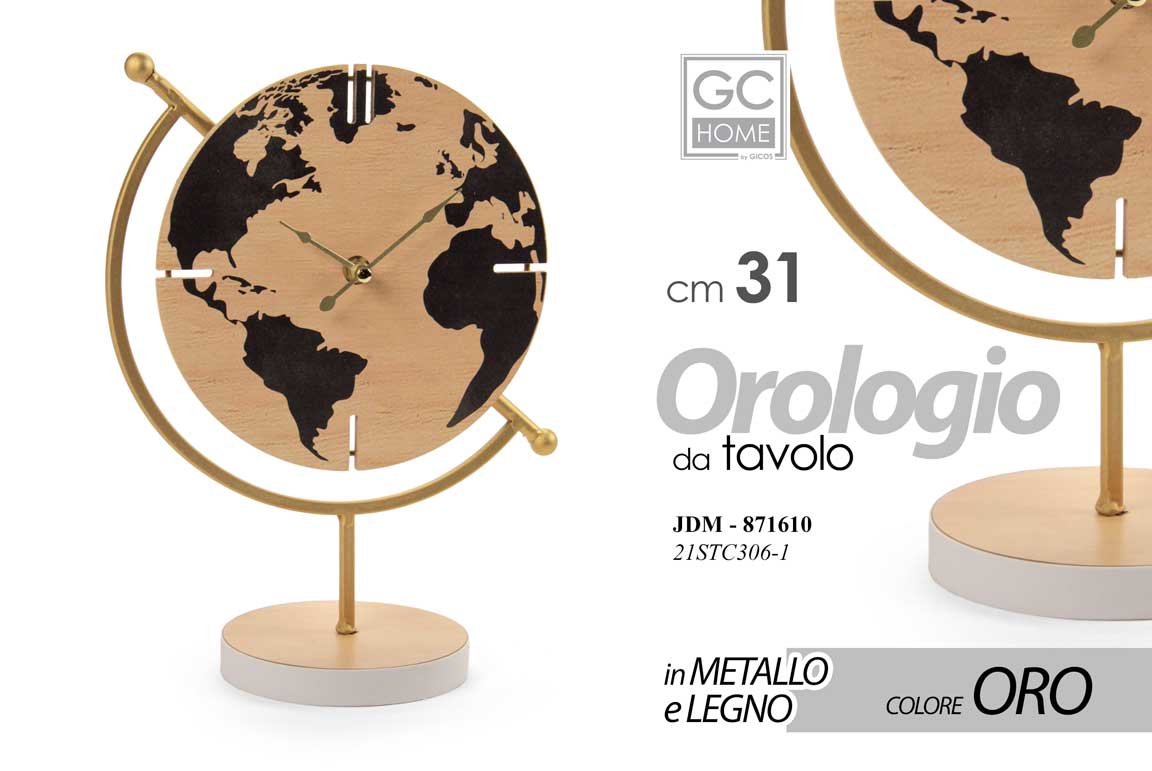 8025569871610 Orologio Tavolo APPOGGIO Comodino Moderno Vintage LEGNO Metallo ORO MONDO 31cm - immagine 1