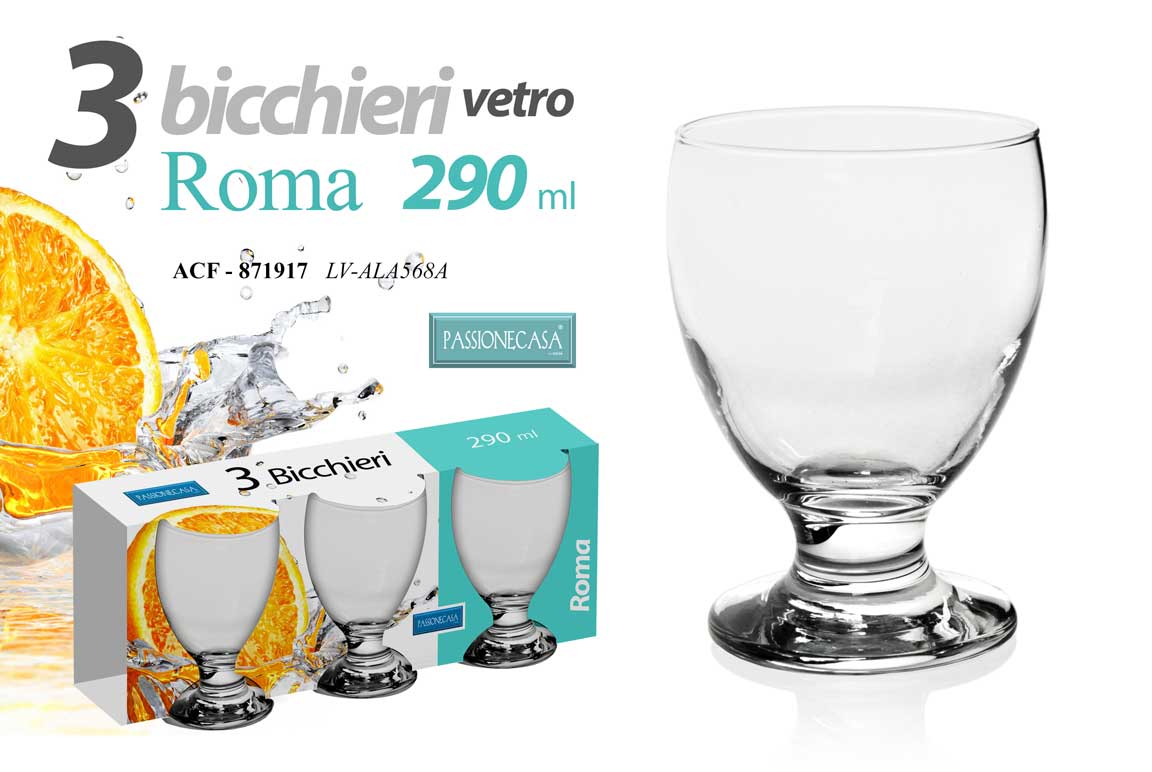 8025569871917 SET 3 CALICI BICCHIERE VETRO TRASPARENTE ACQUA VINO TAVOLA ROMA CASA BAR 290 ML - immagine 1