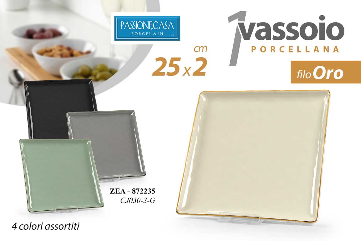 8025569872235 Vassoio piatto portata quadrato porcellana moderno elegante filo oro ass 25x2 - immagine 1