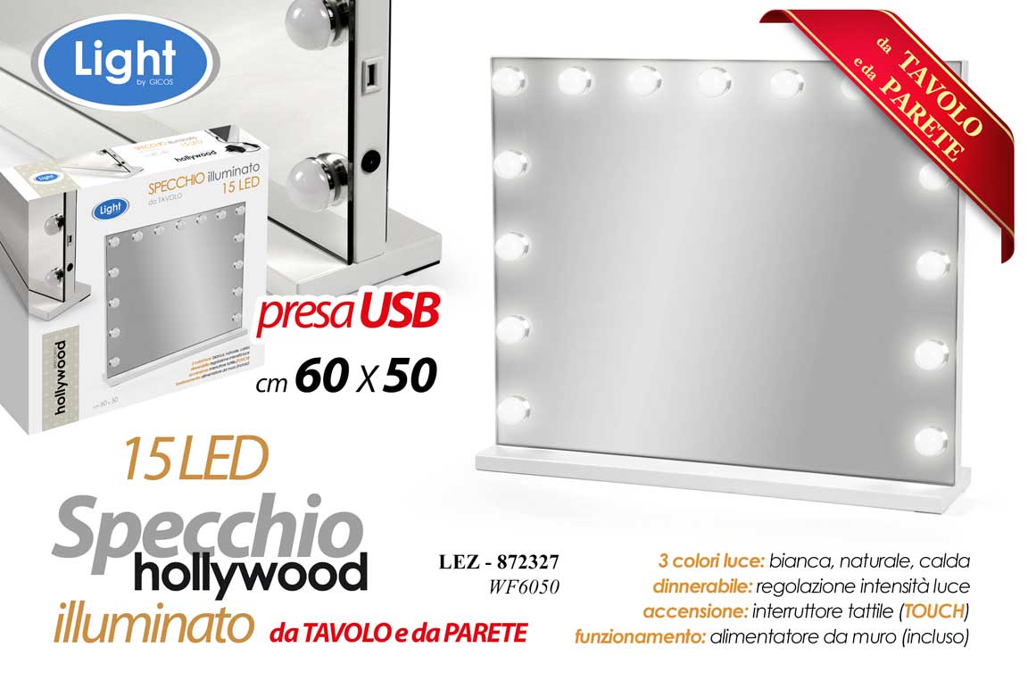 8025569872327 SPECCHIO DA TAVOLO PARETE Beauty 15 LUCI LED DIMMERABILE TOUCH USB 60*50 CM - immagine 1