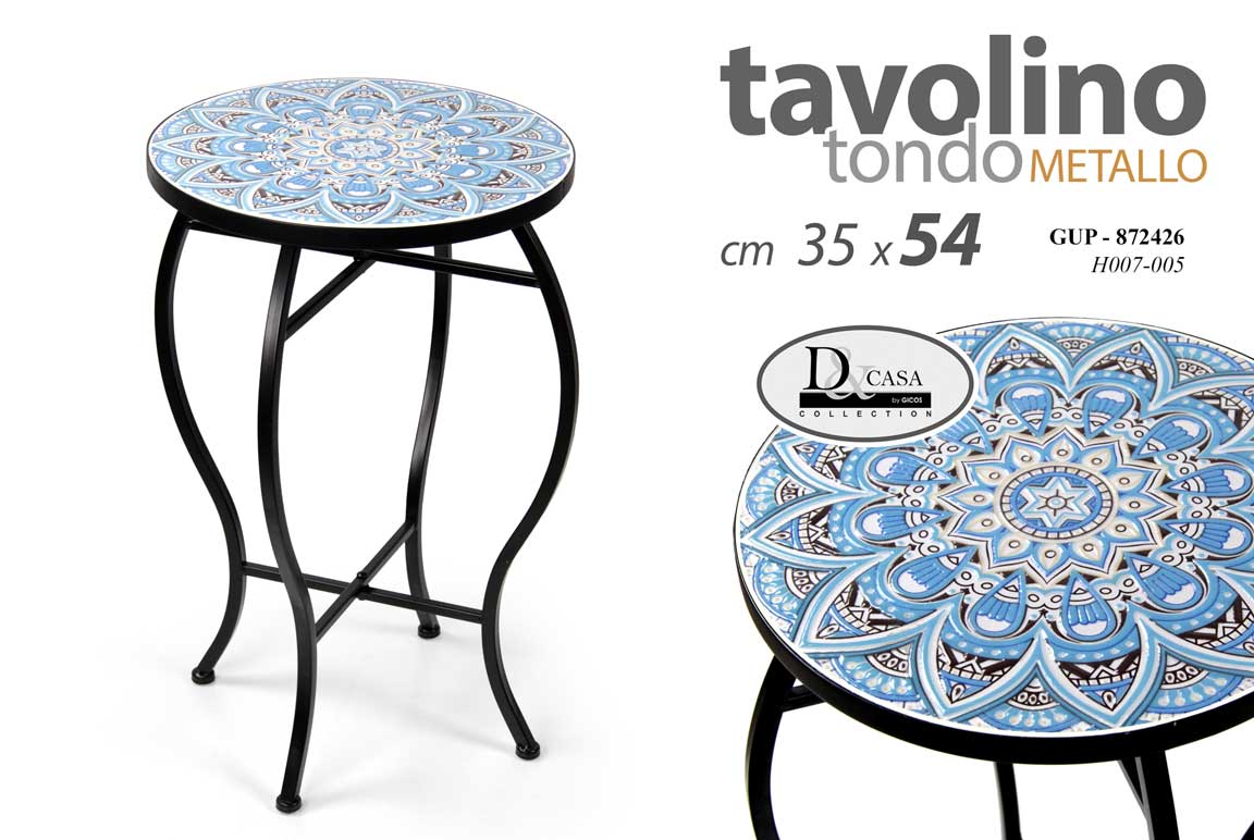 8025569872426 TAVOLO TAVOLINO TOP PIASTRELLE MEDITERRANEO COLOR BLU TONDO METALLO NERO h54*35 - immagine 1