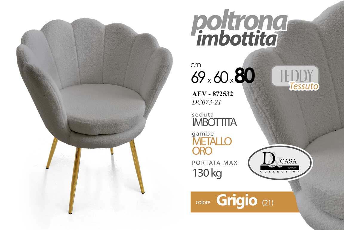 8025569872532 Poltrona Relax a Conchiglia TESSUTO PIEDI METALLO ORO CLASSICA MODERNA 80*69*60 - immagine 1
