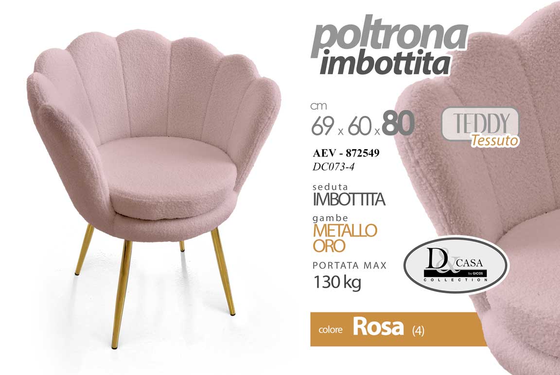 8025569872549 Poltrona Relax a Conchiglia TESSUTO PIEDI METALLO ORO CLASSICA MODERNA 80*69*60 - immagine 1