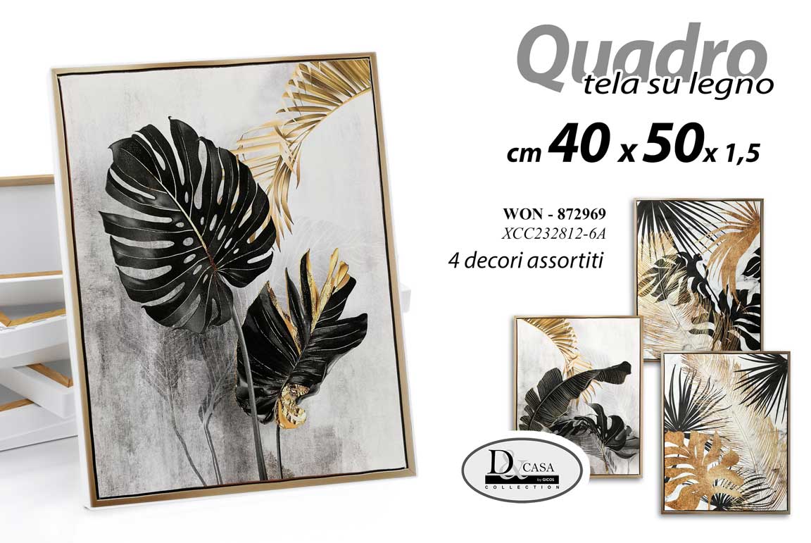 8025569872969 QUADRO STAMPA SU TELA Canvas LEGNO FOGLIE ORO BIANCO NERO ASSORTITI 40*50 cm - immagine 1