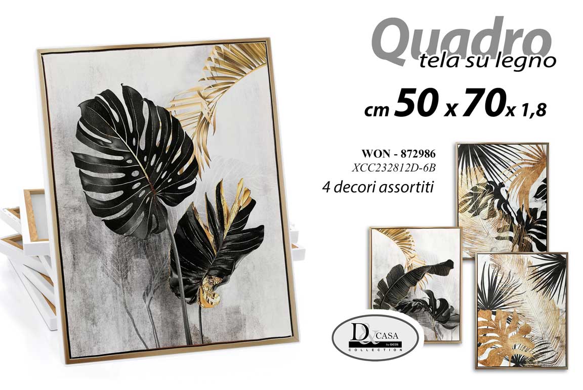 8025569872976 QUADRO STAMPA SU TELA Canvas LEGNO FOGLIE ORO BIANCO NERO ASSORTITI 50*70 cm - immagine 1