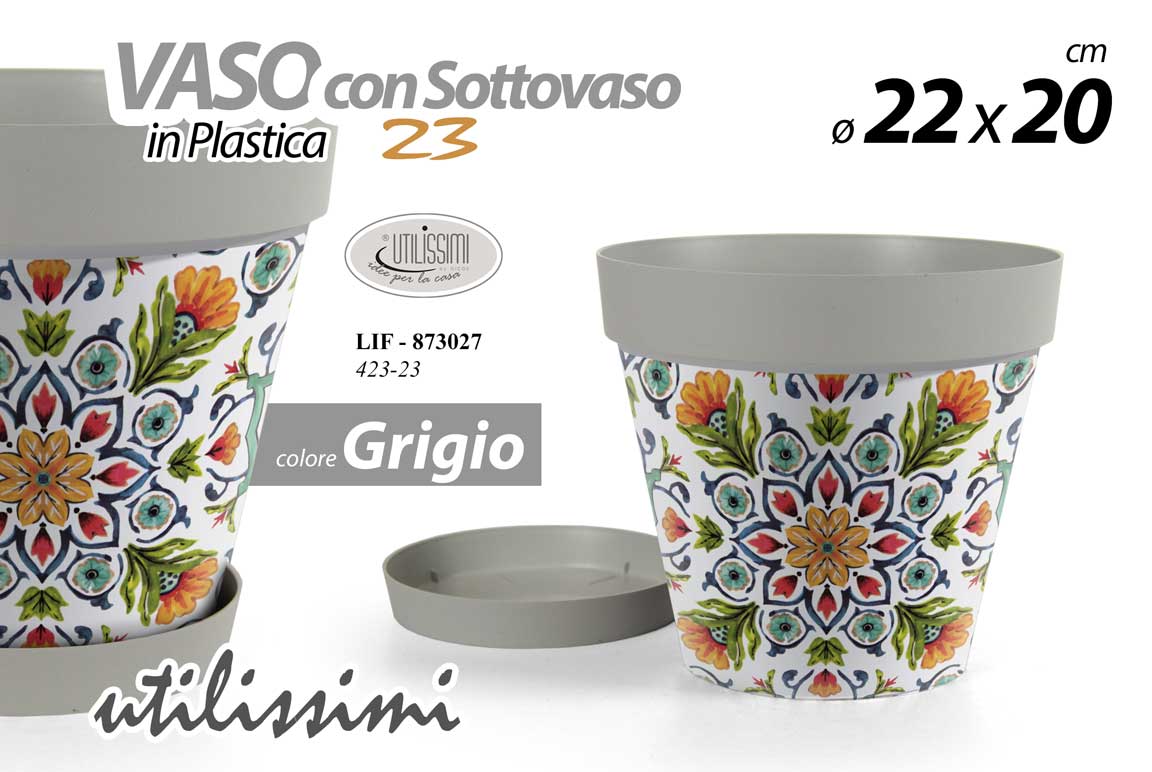 8025569873027 VASO FIORIERA + SOTTOVASO FIORI PIANTE VASETTO GRIGIO DEC SICILIA SICILY 22*20CM - immagine 1