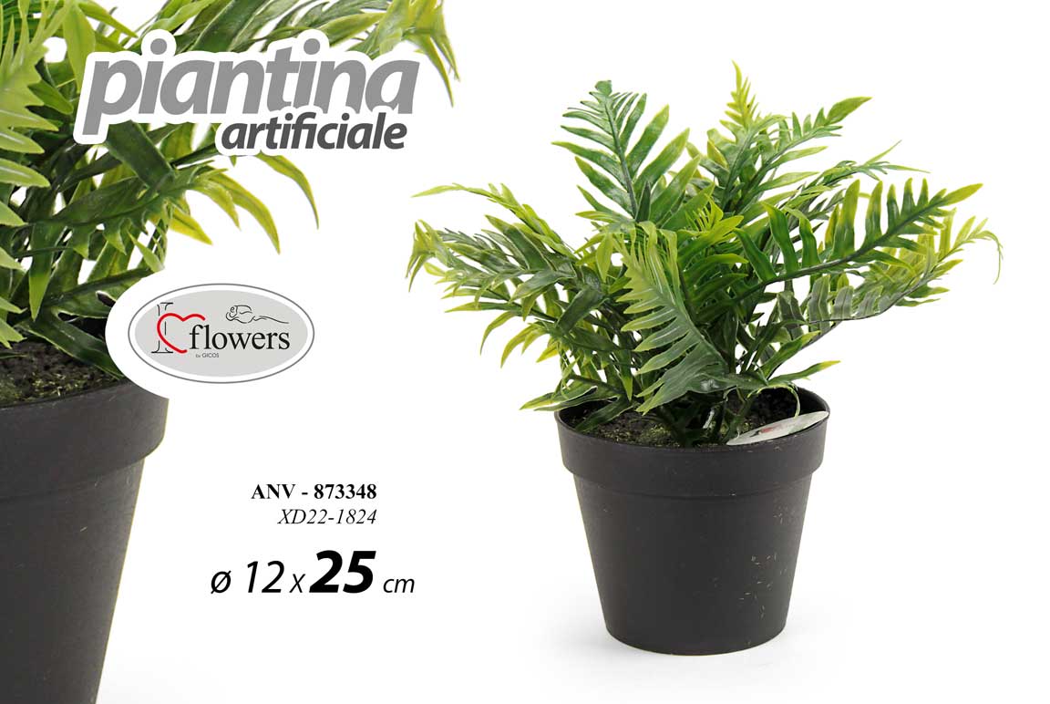 8025569873348 PIANTA FELCE VERDE PIANTINA FIORI ARTIFICIALE FINTA EVENTI CASA VASO NERO 25cm - immagine 1