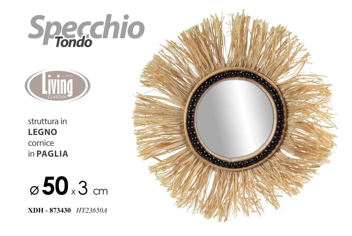 8025569873430 SPECCHIO DA PARETE TONDO SPECCHIERA LEGNO PAGLIA CLASSICO MODERNO 50 CM - immagine 1