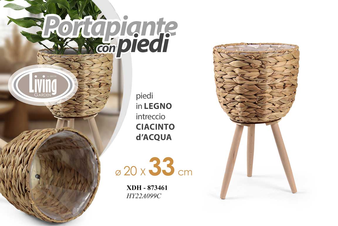 8025569873461 VASO PORTAPIANTA ALZATA PORTA PIANTA FIORI VIMINI PIEDI LEGNO COLONNA 33*20 cm - immagine 1