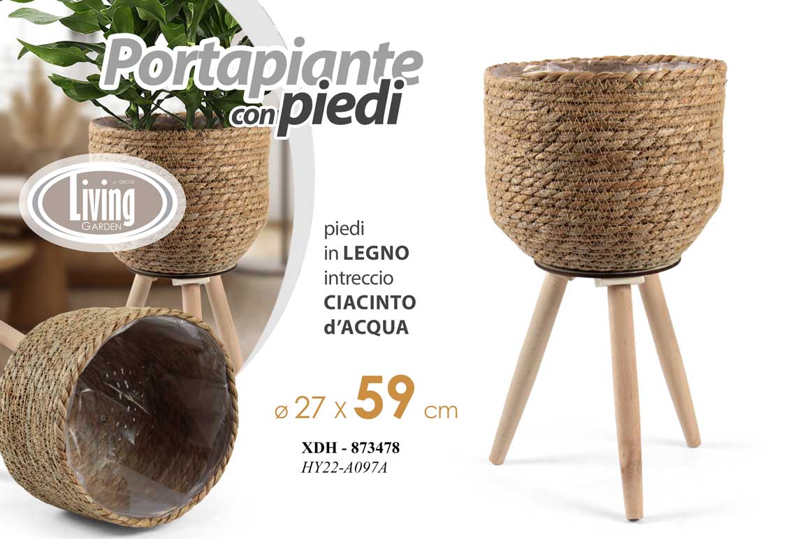 8025569873478 VASO ALZATA PORTAPIANTA CESTINO PORTA PIANTA CONTENITORE VIMINI PIEDI LEGNO 59cm - immagine 1