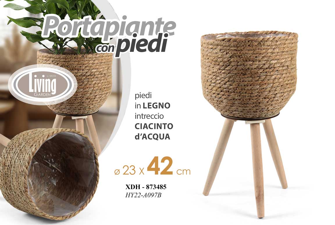8025569873485 VASO ALZATA PORTAPIANTA CESTINO PORTA PIANTA CONTENITORE VIMINI PIEDI LEGNO 42cm - immagine 1