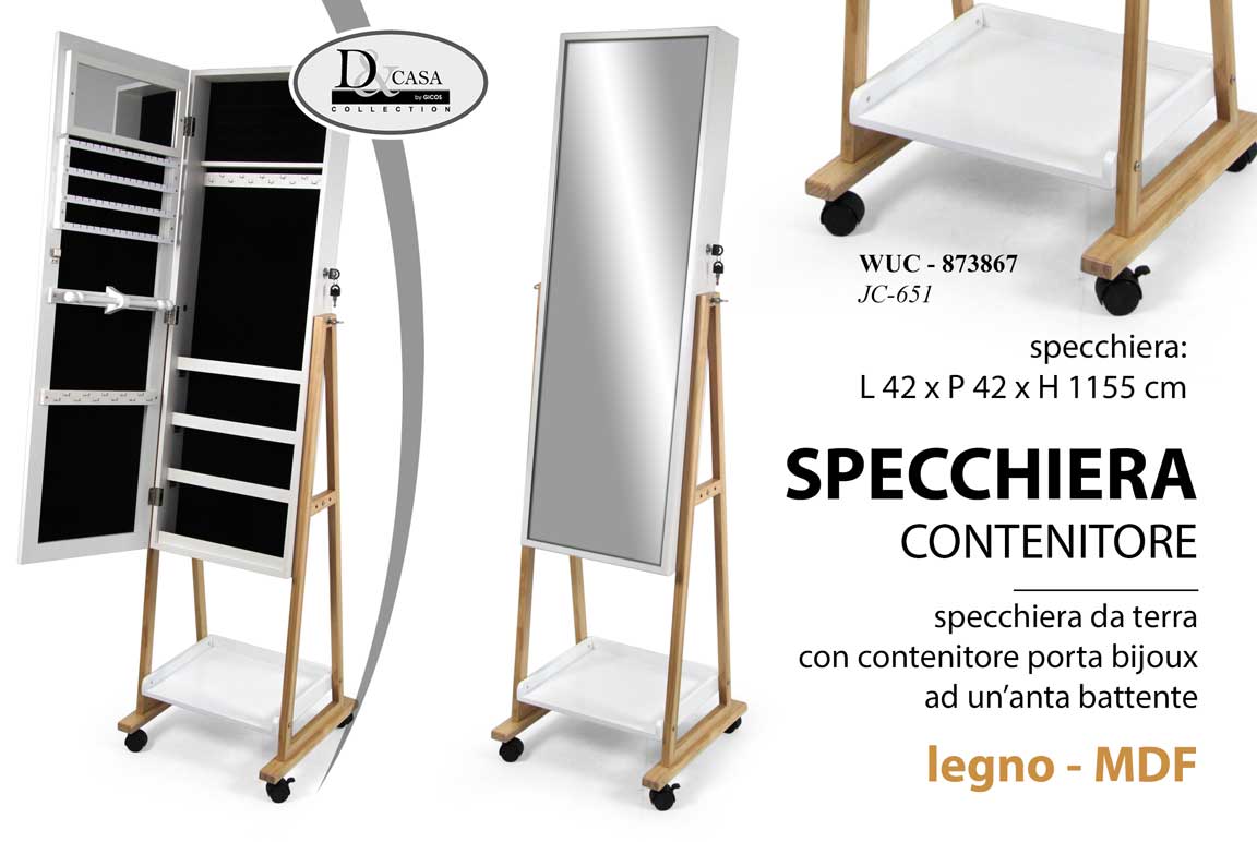 8025569873867 SPECCHIERA DA TERRA BIANCO PORTA GIOIELLI MOBILE RUOTE ANTA LEGNO MDF 155*42 CM - immagine 1