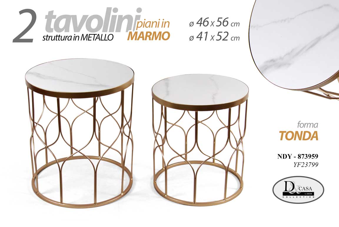 8025569873959 SET 2 TAVOLINI METALLO ORO PIANO MARMO BIANCO TAVOLO MODERNO CAFFè DIVANO h56-52 - immagine 1